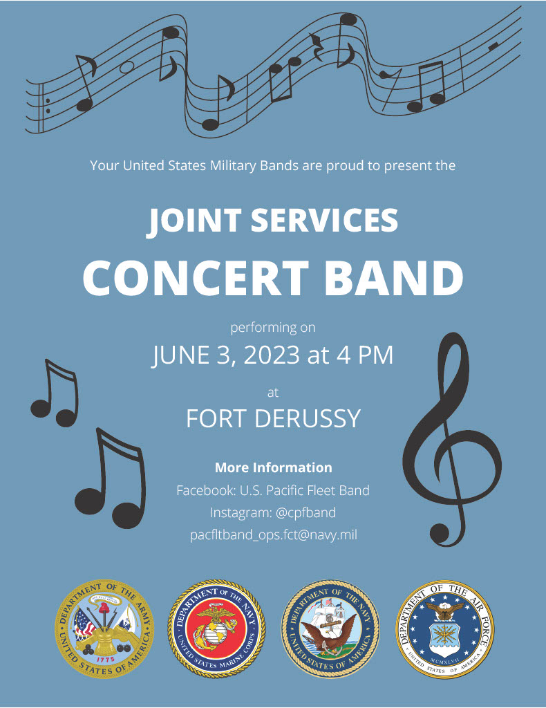 Please join members of the Marine Corps Forces Pacific Band with members of the other service bands here on Oahu for a Joint Services Band Concert at Fort DeRussy at 4:00PM on Saturday, June 3, 2023.
This concert is free to the public.