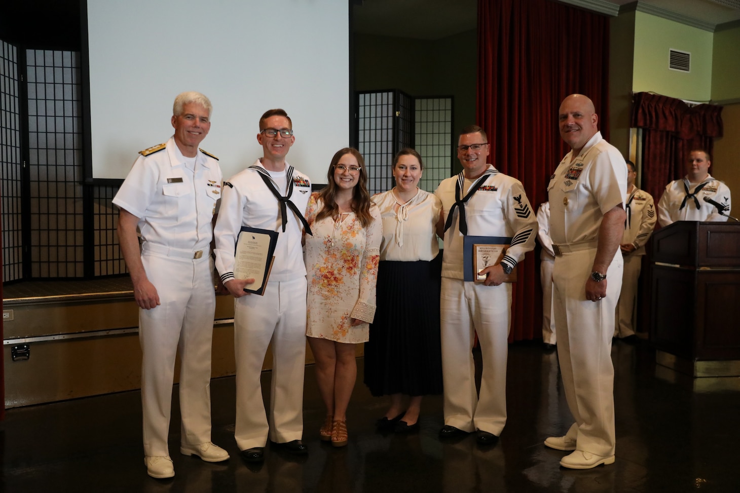 Commander, U.S. 7th Fleet, Vice Adm. Karl Thomas and U.S. 7th Fleet Command Master Chief Daniel K. Field pose for a photo with the 2023 U.S. 7th Fleet SOY winners, May 18. U.S. 7th Fleet is the U.S. Navy’s largest forward-deployed numbered fleet, and routinely interacts and operates with allies and partners to preserve a free and open Indo-Pacific.