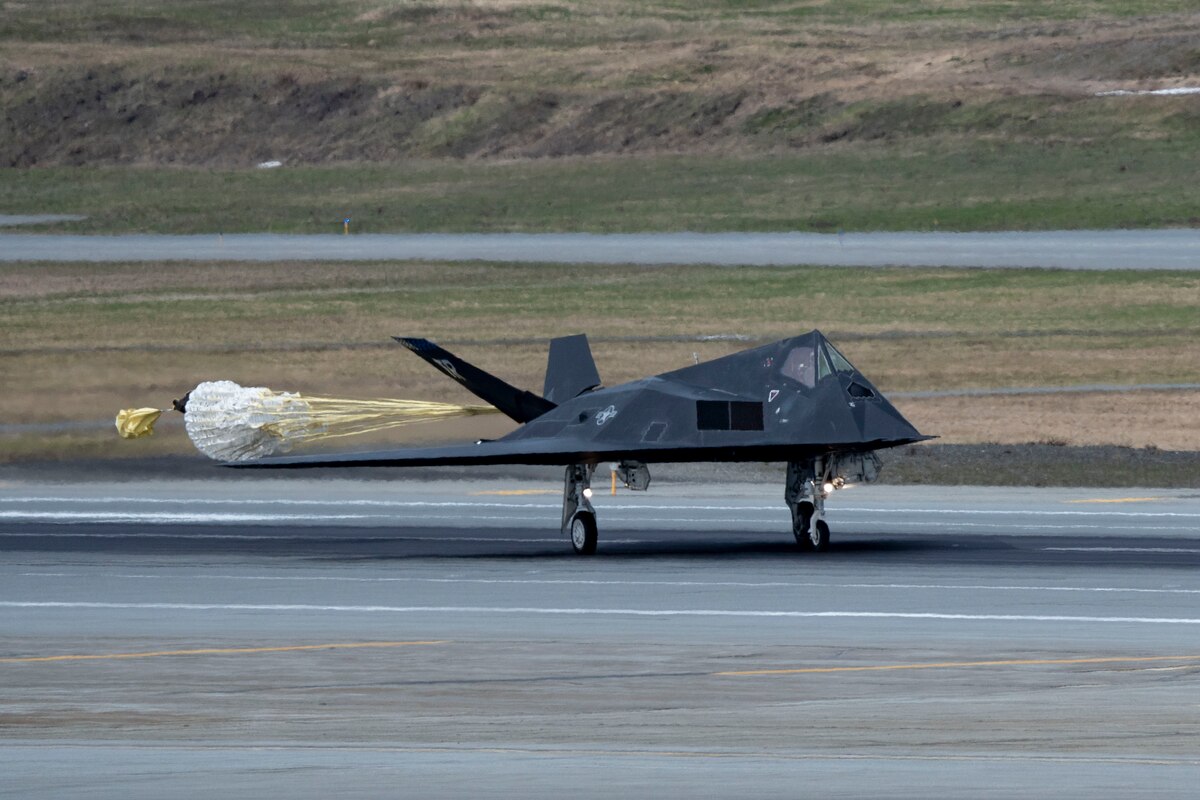 A U.S. Air Force F-117 Nighthawk lands during Northern Edge 23-1 at Joint Base Elmendorf-Richardson, Alaska, May 10, 2023.