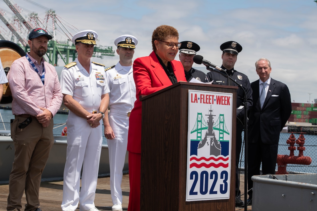 Karen Bass, the mayor of Los Angeles, holds a press conference aboard the Battleship USS Iowa Museum, May 25, 2023.