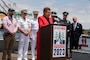 Karen Bass, the mayor of Los Angeles, holds a press conference aboard the Battleship USS Iowa Museum, May 25, 2023.