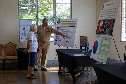 Joint Task Force-Red Hill (JTF-RH) Planning Director, U.S. Navy Capt. Pat Sullivan, explains the JTF-RH integrated master schedule to a local resident during JTF-RH’s Defueling Open House on Ke’ehi Lagoon Memorial in Honolulu, Hawaii, May 24, 2023.