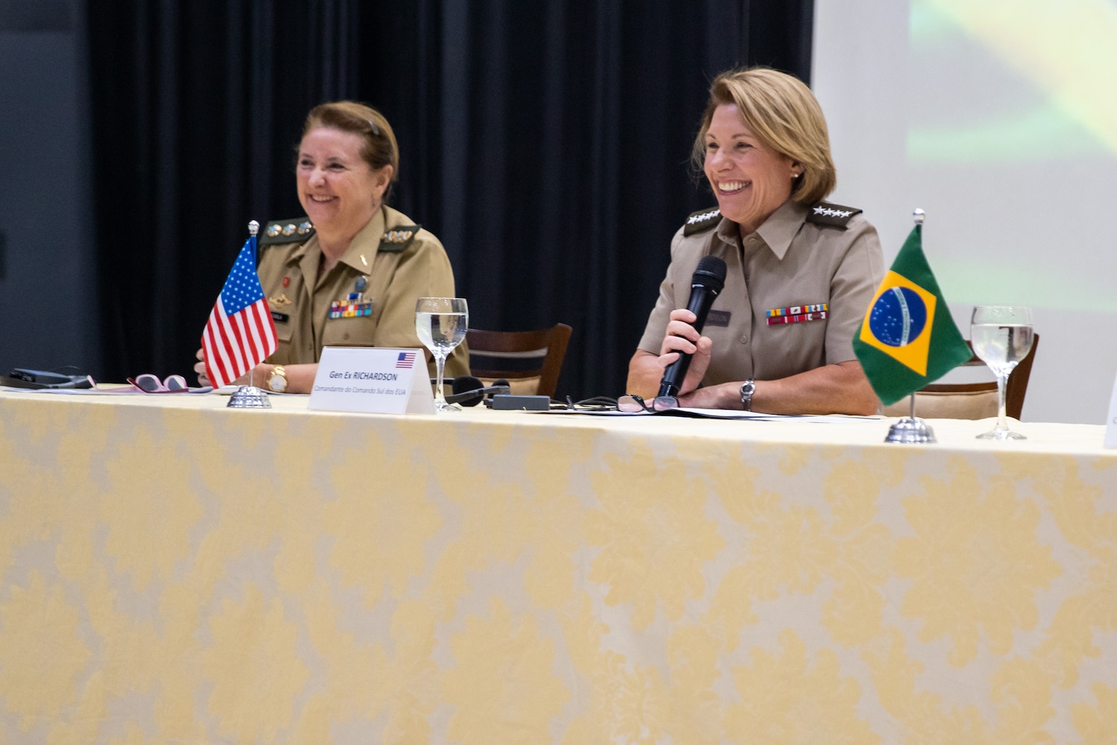 BRASILIA, Brazil (May 24, 2023) -- U.S. Army Gen. Laura Richardson, commander of U.S. Southern Command, joins U.S. Ambassador to Brazil Elizabeth Frawley Bagley, Brazil military leaders and service members to discuss the role of women in security during an event focused on Women, Peace, and Security aims.