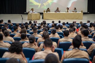 U.S. Army Gen. Laura Richardson, commander of U.S. Southern Command, joins U.S. Ambassador to Brazil Elizabeth Frawley Bagley, Brazil military leaders and service members to discuss the role of women in security during an event focused on Women, Peace, and Security aims.