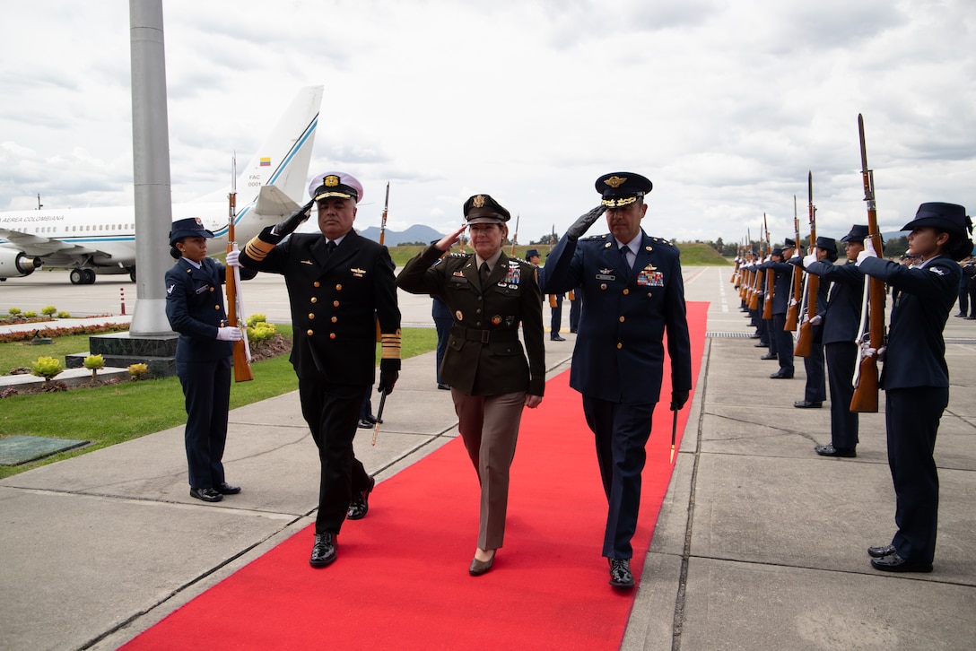 U.S. Army Gen. Laura Richardson, commander of U.S. Southern Command, is greeted with honors upon arrival to Colombia.