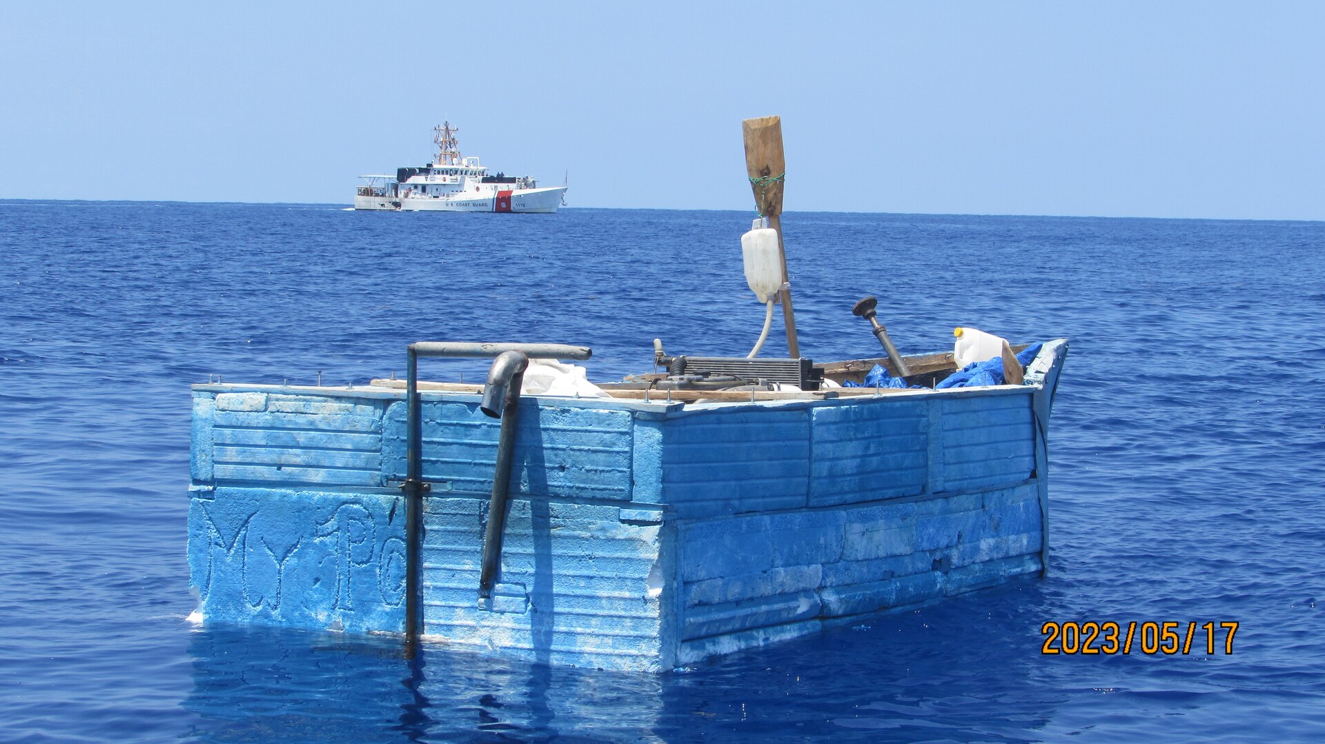 The Coast Guard Cutter Isaac Mayo crew stops a migrant vessel about 30 miles north of Havana, Cuba, May 17, 2023. The Coast Guard interdicted 11 people. (U.S. Coast Guard photo).