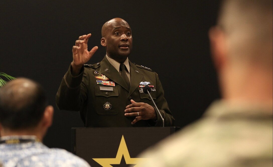 I Corps Commanding General, Lt. Gen. Xavier T. Brunson, speaks at the Commander's Corner at LANPAC 2023 about assurance to its allies, partners and friends, agile divisions, and the importance of pertinent data in the Indo-Pacific region. LANPAC 2023 is a three-day event where government, military and industry professionals network and discuss the future of the theater army. (U.S. Army photo by Sgt. Keaton Habeck)