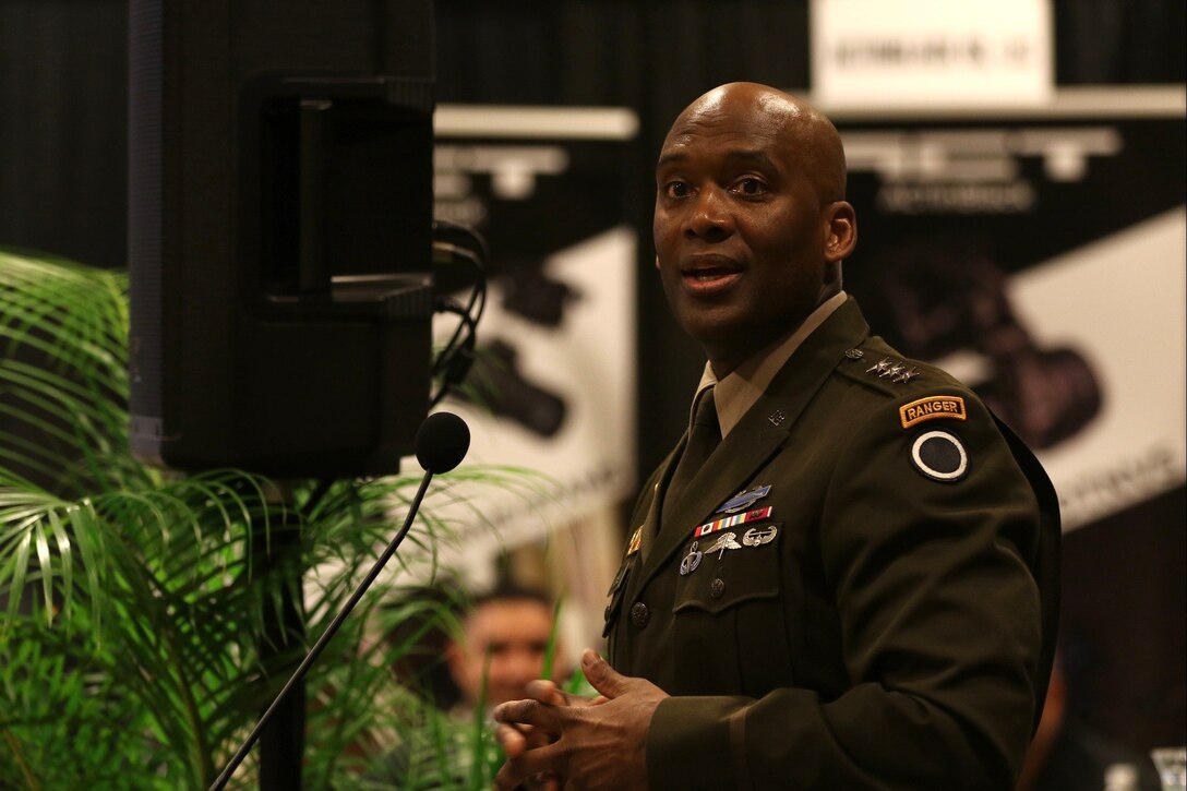 I Corps Commanding General, Lt. Gen. Xavier T. Brunson, speaks at the Commander's Corner at LANPAC 2023 about assurance to its allies, partners and friends, agile divisions, and the importance of pertinent data in the Indo-Pacific region. LANPAC 2023 is a three-day event where government, military and industry professionals network and discuss the future of the theater army. (U.S. Army photo by Sgt. Keaton Habeck)