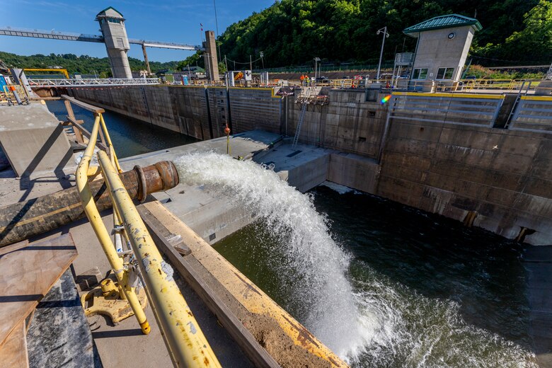 Dam chamber on Monongahela river filling with water.