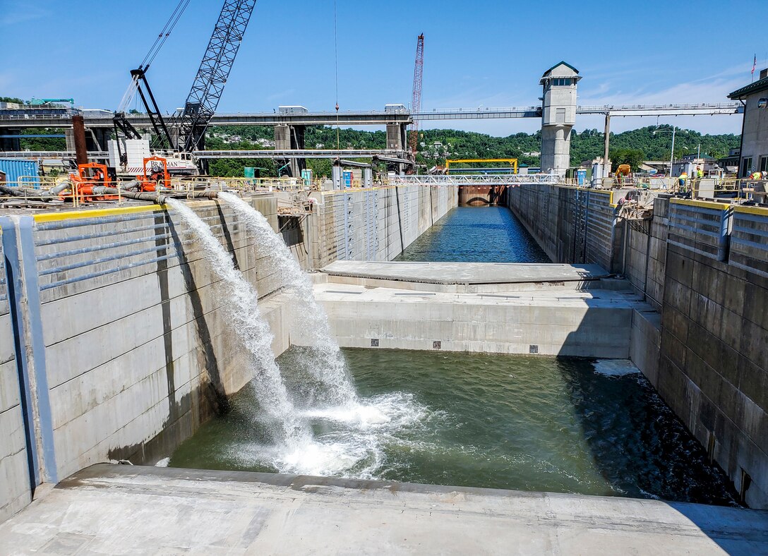 Dam chamber on Monongahela river filling with water.