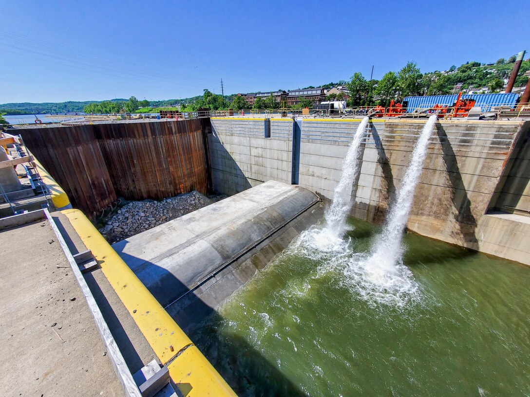 Dam chamber on Monongahela river filling with water.