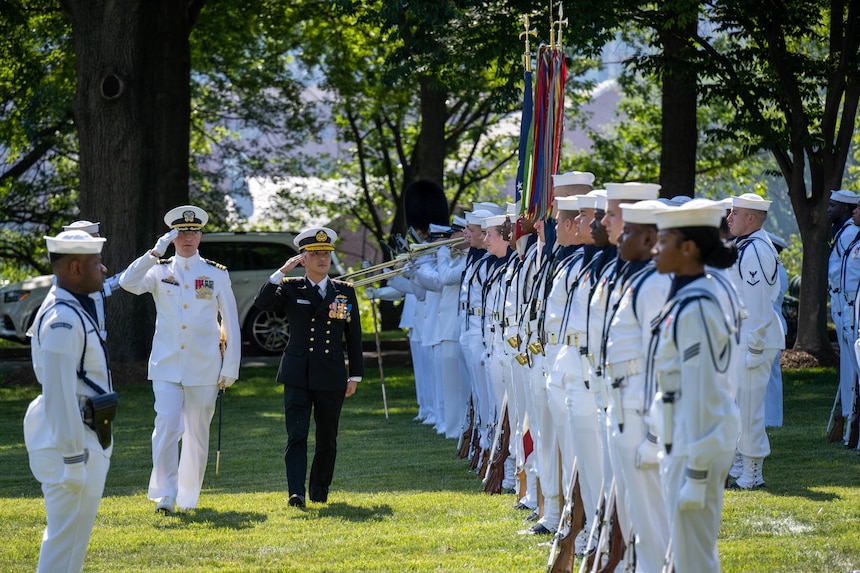 WASHINGTON (May 25, 2023) - Singapore’s Chief of Defense Rear Adm. Aaron Beng receives a full-honors welcoming ceremony at the Washington Navy Yard, May 25. Beng, who earlier this month became the first naval officer to lead Singapore’s armed forces, reaffirmed with Chief of Naval Operations Adm. Mike Gilday the enduring U.S.-Singapore bilateral defense relationship during his visit to Washington. (U.S. Navy photo Mass Communication Specialist 1st Class Michael B. Zingaro)