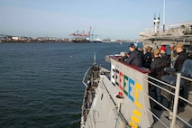 230525-N-LK647-1578 GOTHENBURG (May 25, 2023) A view from the port bridge wing as the Ticonderoga-class guided missile cruiser USS Normandy (CG 60) pulls into Gothenburg, Sweden, May 25, 2023. Normandy is part of the Gerald R. Ford Carrier Strike Group and is on a scheduled deployment in the U.S. Naval Forces Europe area of operations, employed by Sixth Fleet to defend U.S., allied, and partner interests. (U.S. Navy photo by Mass Communication Specialist 2nd Class Malachi Lakey)