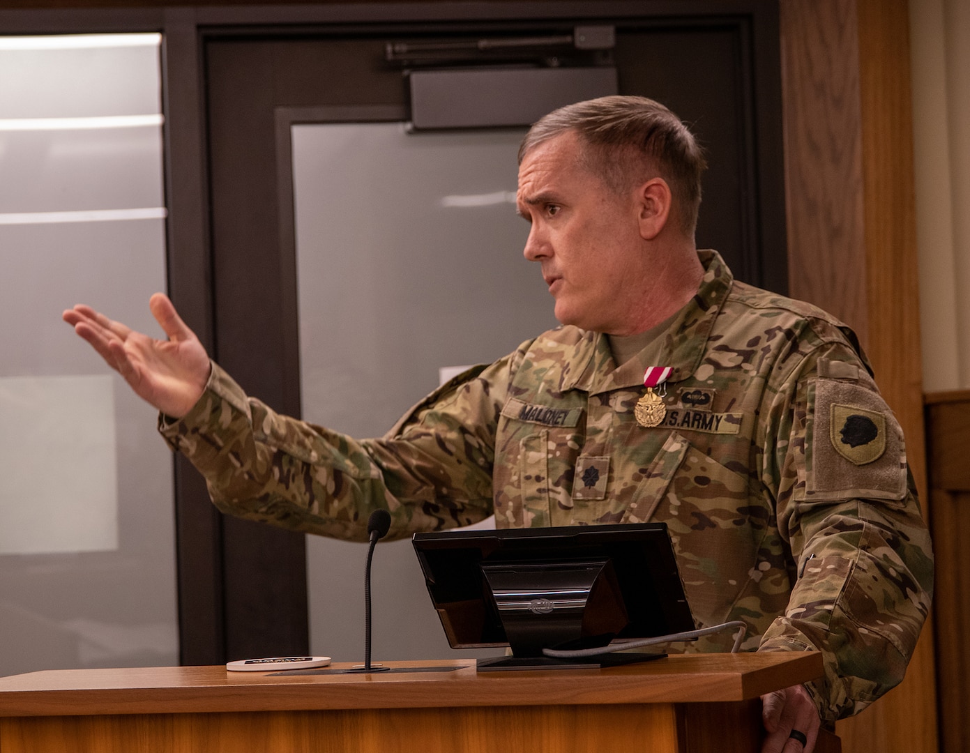 Illinois Army National Guard Lt. Col. Brian Maloney, of Champaign, Illinois, Comptroller, United States Property and Fiscal Office (USPFO), thanks family and friends during a retirement ceremony May 5 at Camp Lincoln, Springfield, Illinois