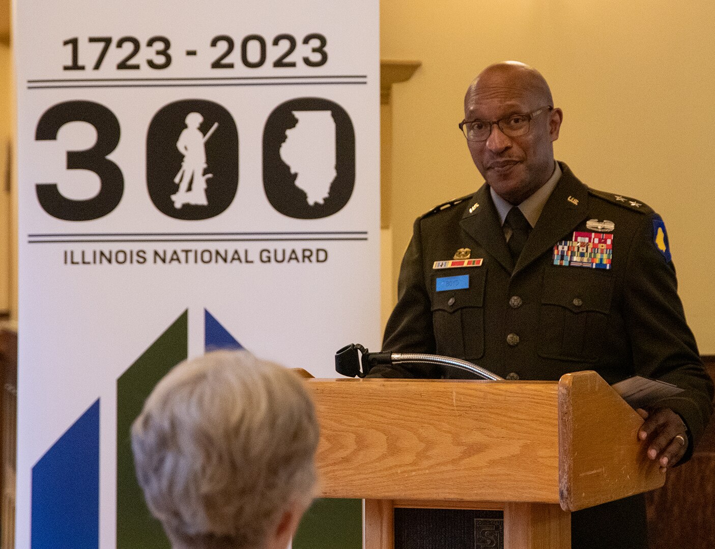 Maj. Gen. Rodney Boyd, Assistant Adjutant General-Army and Commander of the Illinois Army National Guard, addresses the crowd during a ceremony commemorating the 78th anniversary of the rescue of King Leopold III from German Nazis during World War II by Soldiers from the Illinois Army National Guard’s 106th Cavalry Regiment and marking the 300th birthday of the Illinois National Guard in Springfield May 6.