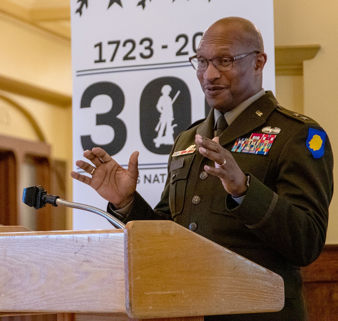 Maj. Gen. Rodney Boyd, Assistant Adjutant General-Army and Commander of the Illinois Army National Guard, addresses the crowd during a ceremony commemorating the Battle of Hamel, a World War I battle which marked the first time U.S. forces fought alongside the Australian military, and marking the 300th birthday of the Illinois National Guard in Springfield May 6.