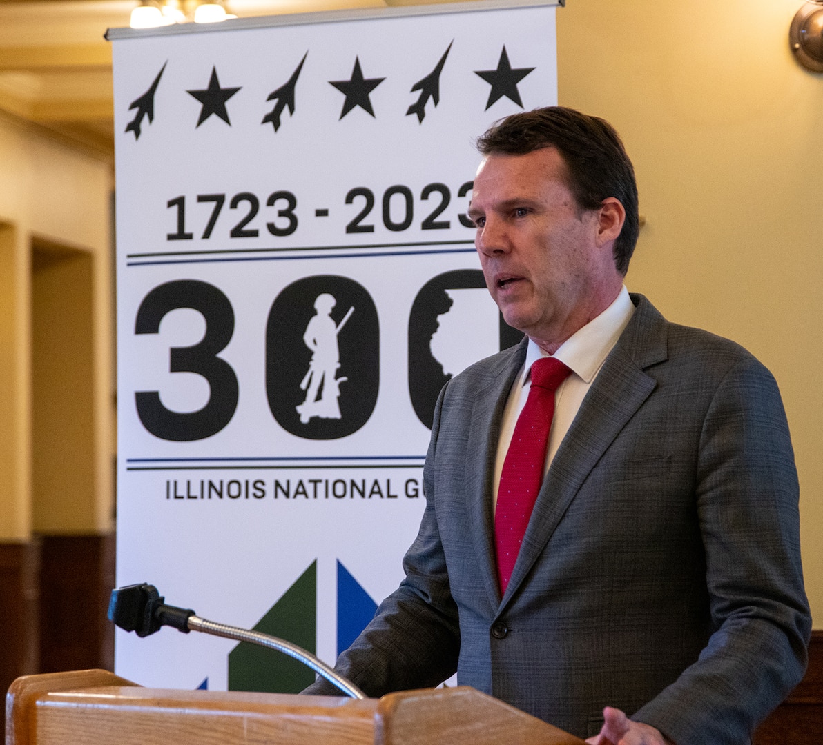 Chris Elstoft, Consul General of Australia in Chicago, talks about the Illinois National Guard and Australia’s shared history, during a ceremony commemorating the Battle of Hamel, a World War I battle which marked the first time U.S. forces fought alongside the Australian military, and marking the 300th birthday of the Illinois National Guard in Springfield May 6.