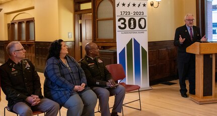 Patrick Van Nevel, Honorary Consul of the Kingdom of Belgium, talks about the Illinois National Guard and Belgium’s shared history, during a ceremony commemorating the 78th anniversary of the rescue of King Leopold III from German Nazis during World War II by Soldiers from the Illinois Army National Guard’s 106th Cavalry Regiment and marking the 300th birthday of the Illinois National Guard in Springfield May 6.