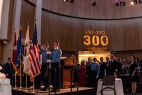 Cadets with the Lincoln's Challenge Academy Color Guard post the colors during the Illinois National Guard's 300th anniversary gala at in the Abraham Lincoln Presidential Library and Museum in Springfield, Illinois, May 6, 2023.