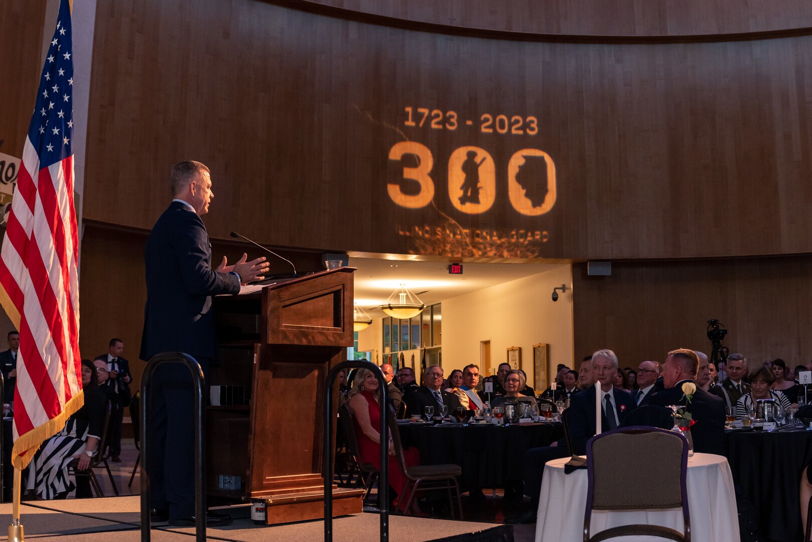 U.S. Air Force Maj. Gen. Richard Neely, the 40th adjutant general of the state of Illinois, gives opening remarks during the Illinois National Guard's 300th anniversary gala at in the Abraham Lincoln Presidential Library and Museum in Springfield, Illinois, May 6, 2023.