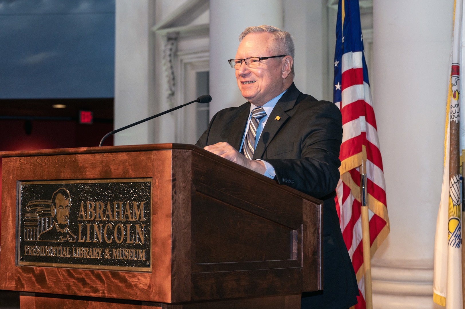 Retired U.S. Army Gen. Frank Grass, the 27th chief of the National Guard Bureau, speaks during the Illinois National Guard's 300th anniversary gala at in the Abraham Lincoln Presidential Library and Museum in Springfield, Illinois, May 6, 2023.