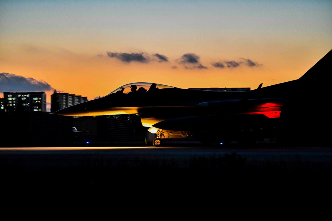 A U.S. Air Force F-16 Fighting Falcon from Kunsan Air Base, South Korea, taxis before takeoff