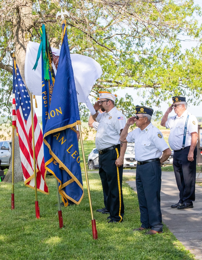 Veterans from VFW Post 3553 and American Legion Post 487 post colors at the Illinois National Guard’s 300th birthday celebration in Kaskaskia May 9.