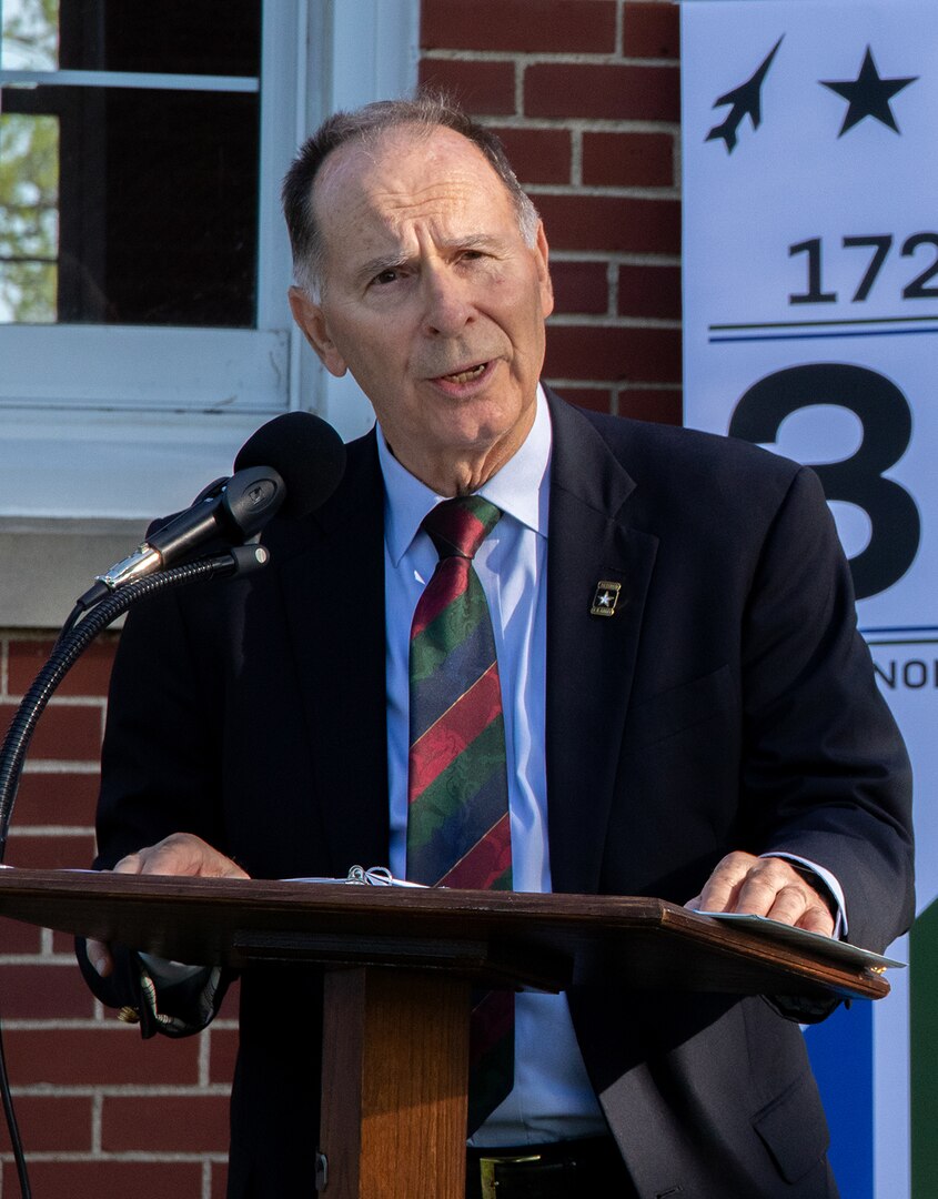 Maj. Gen. (ret.) William Enyart, the 37th Adjutant General of Illinois and a former U.S. Congressman for District 12, talks about the future of the Illinois National Guard during the Illinois National Guard’s 300th birthday celebration in Kaskaskia, May 9.