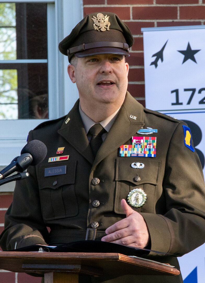 Brig. Gen. Mark Alessia, Director of the Illinois National Guard Joint Staff, talks about some of the missions the Illinois National Guard has worked during its 300 years of service during the Illinois National Guard’s 300th birthday celebration in Kaskaskia, May 9.