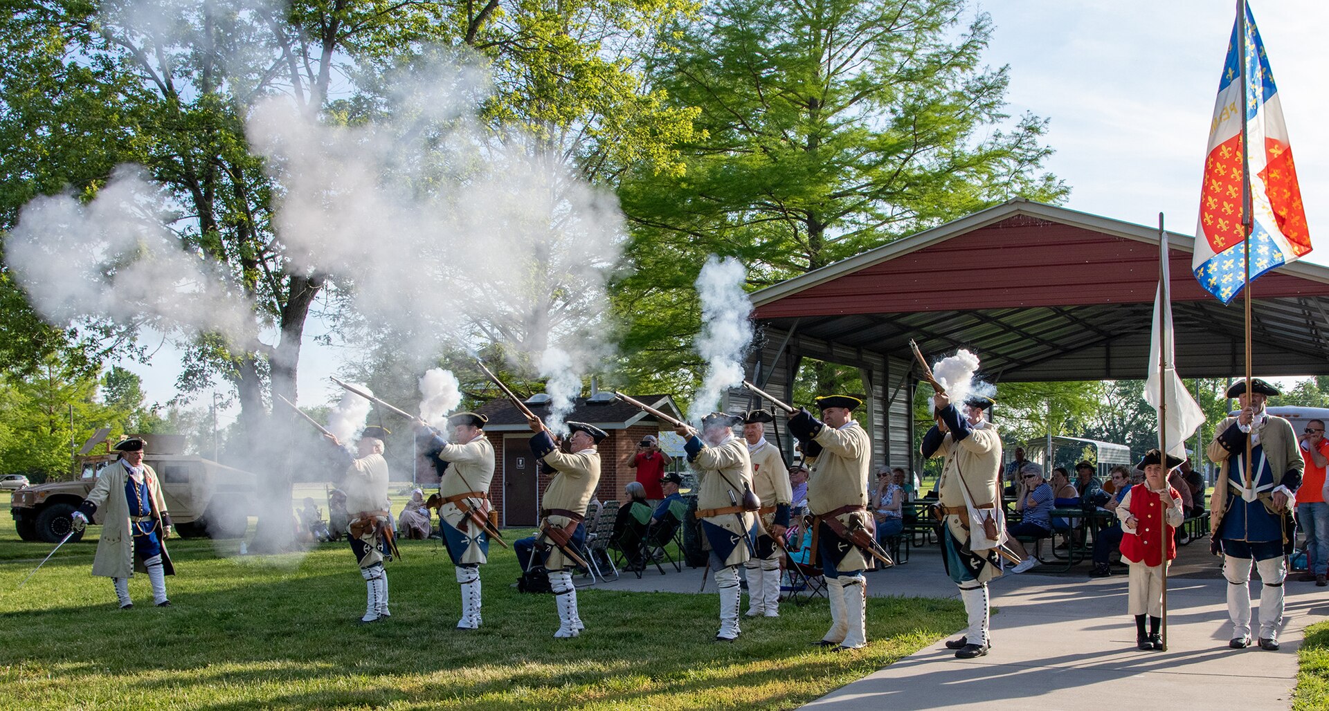 The French Marines Les Companie Franche de La Marine, de Fort de Chartres Commanded by Captain Don Martin, fire a rifle volley commemorating the Illinois National Guard’s 300th birthday during the celebration at Kaskaskia, May 9.