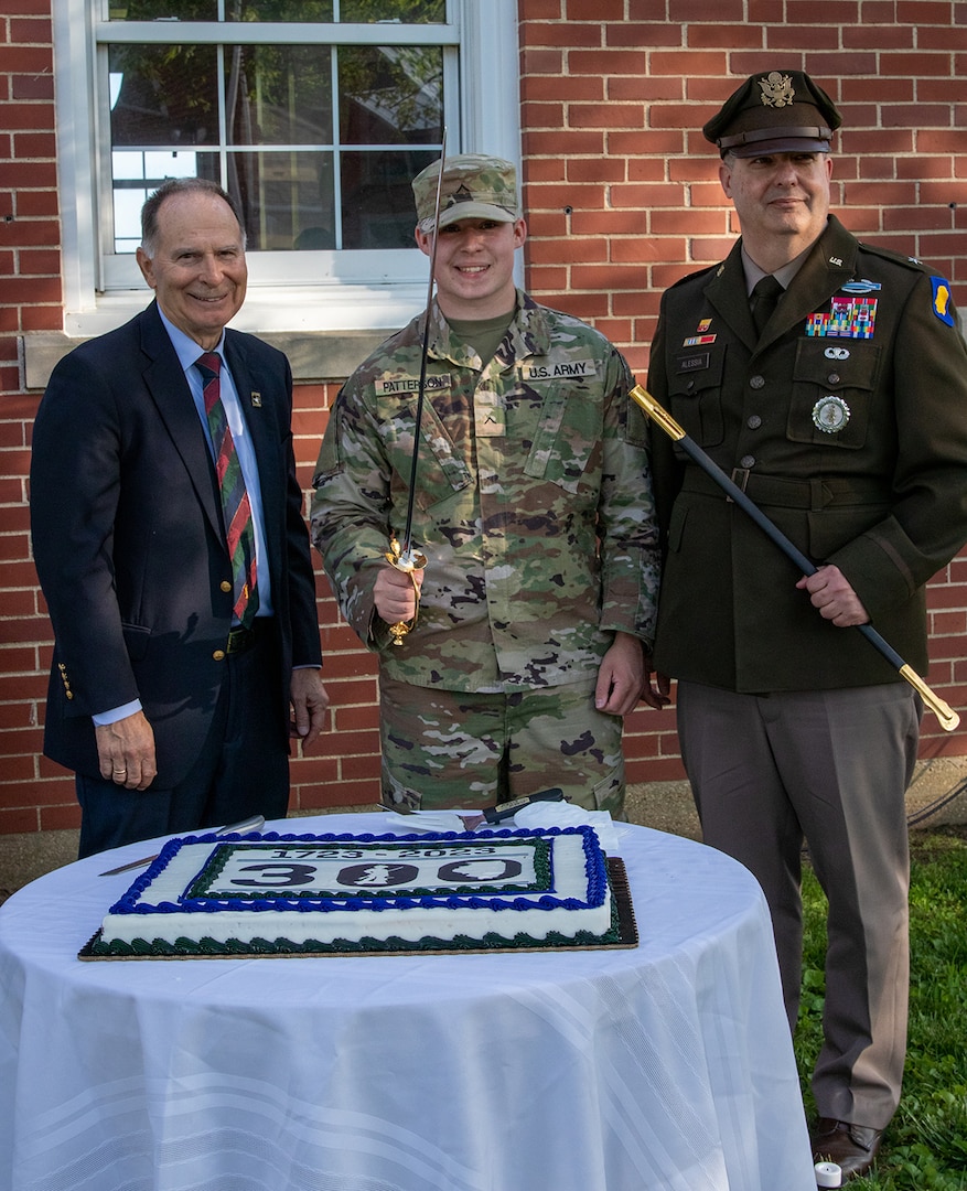 Maj. Gen. (ret.) William Enyart, 37th Adjutant General of Illinois and a former Congressman for District 12, and Brig. Gen. Mark Alessia, Director of the Illinois National Guard Joint Staff, are joined by Pvt. Mason Patterson, the newest member of the Illinois National Guard, in attendance at the Illinois National Guard’s 300th birthday event in Kaskaskia, Illinois, May 9.