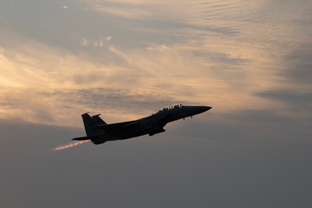 A U.S. Air Force F-15E Strike Eagle assigned to the 391st Fighter Squadron takes off