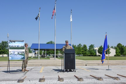 Maj. Gen. Rich Neely, the Adjutant General of Illinois and Commander of the Illinois National Guard, speaks at the groundbreaking ceremony for a $13.4 million 24,000-square-foot Base Civil Engineer Complex at the 183rd Wing on Abraham Lincoln Capital Airport.