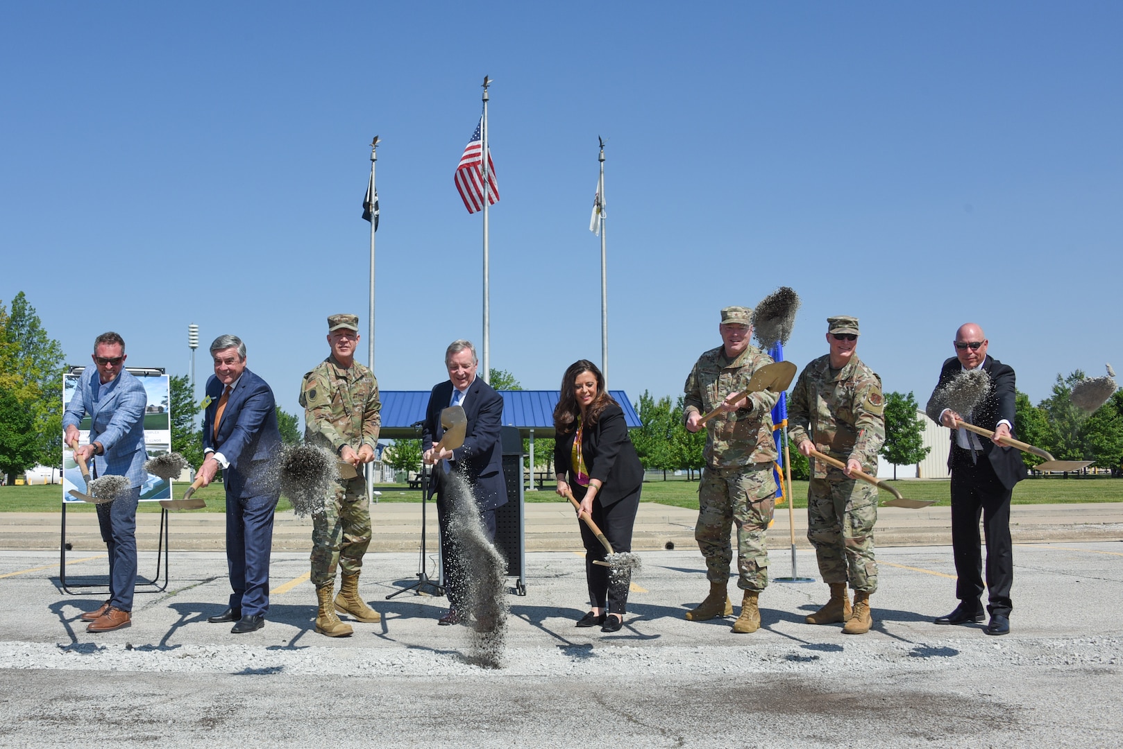 U.S. Sen. Richard Durbin (center) and Maj. Gen. Rich Neely, third from left, the Adjutant General of Illinois and Commander of the Illinois National Guard, are joined by Jason Litteken, the President of Litteken Construction, the general contractor for the project Sergio Pecori, the Chief Executive Officer of Hanson Professional Services, which designed the project, Springfield Mayor Misty Buscher, Brig. Gen. Dan McDonough, Assistant Adjutant General – Air and Commander of the Illinois Air National Guard, Col. Robert Gellner, Commander of the 183rd Wing, and Col. (ret.) Randy Sikowski, the Downstate Director for U.S. Sen. Tammy Duckworth, at the groundbreaking ceremony for a $13.4 million 24,000-square-foot Base Civil Engineer Complex at the 183rd Wing on Abraham Lincoln Capital Airport.