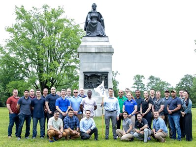 Illinois Army National Guard Officer Candidate School Class 68-23 and cadre pause in front of the Mother of Illinois monument dedicated to the Illinois Militia who fought during the Battle of Shiloh as part of the staff ride to the Shiloh National Military Park near Pittsburg Landing, Tennessee, May 20.