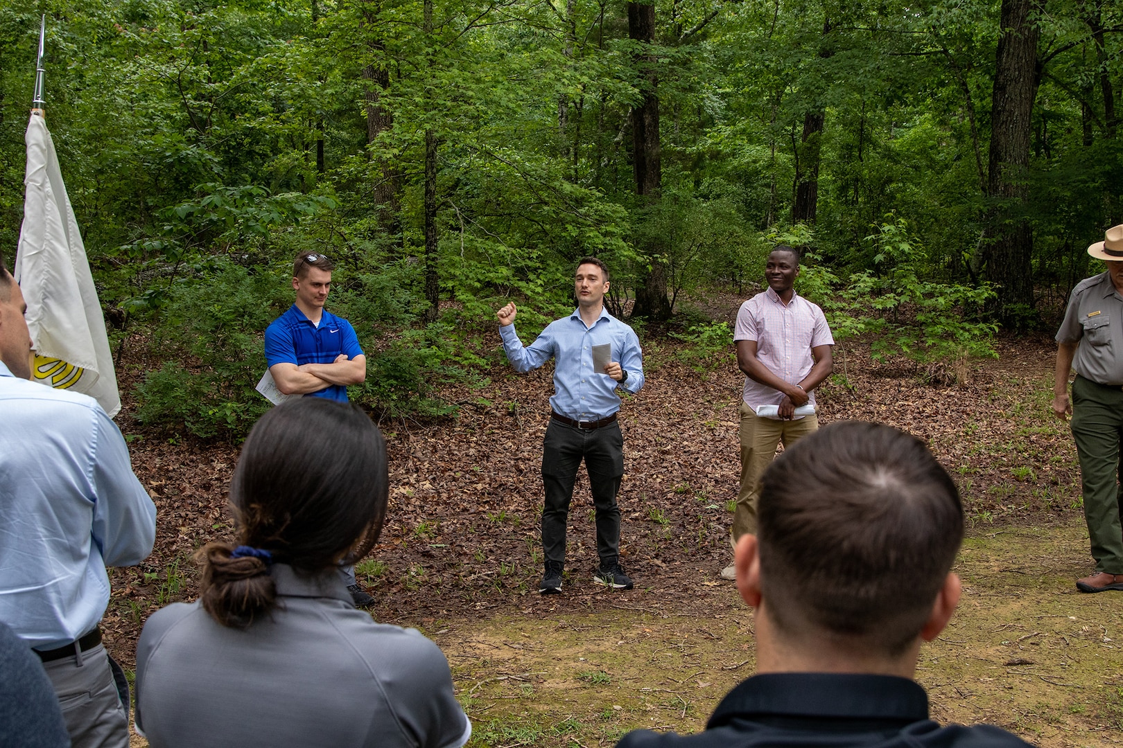 Illinois Army National Guard Officer Candidate William Johnson, of Aurora, talks about fighting at the Hornet’s Nest during the Battle of Shiloh, April 6-7, 1862, as part of the Illinois Army National Guard Officer Candidate School staff ride to the Shiloh National Military Park in Pittsburg Landing, Tennessee, May 20.