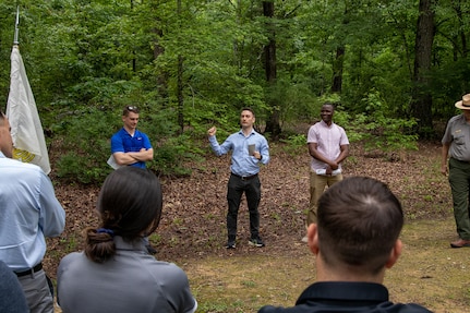 Illinois Army National Guard Officer Candidate William Johnson, of Aurora, talks about fighting at the Hornet’s Nest during the Battle of Shiloh, April 6-7, 1862, as part of the Illinois Army National Guard Officer Candidate School staff ride to the Shiloh National Military Park in Pittsburg Landing, Tennessee, May 20.