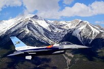 Colorado Air National Guard F-16 Fighting Falcons, like this one flying over the Sangre de Cristo Mountains in Colorado May 8, 2023, will fly over Colorado Memorial Day observances in remembrance of those who have made the ultimate sacrifice.