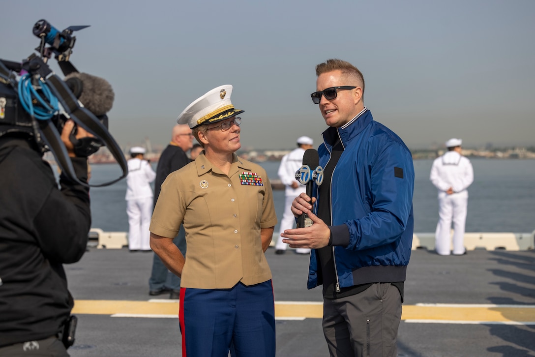 U.S. Marine Corps Col. Karin Fitzgerald, the commanding officer of Special Purpose Marine Air-Ground Task Force – New York, conducts an interview with ABC News during the Parade of Ships as part of Fleet Week New York 2023 (FWNY 23) onboard the Wasp-Class Amphibious Assault Ship USS WASP (LHD-1), May 24, 2023. During FWNY 23 more than 3,000 service members from the Marine Corps, Navy and Coast Guard and our NATO allies from Great Britain, Italy and Canada are engaging in special events throughout New York City and the surrounding Tri-State Region, showcasing the latest capabilities of today’s maritime services and connecting with citizens. FWNY events include free public ship tours, military static displays, and live band performances and parades. (U.S. Marine Corps photo by Lance Cpl. Jessica J. Mazzamuto)