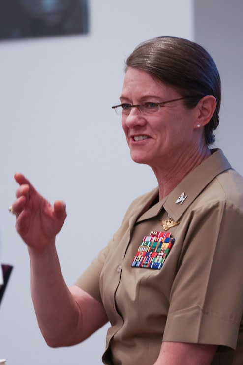 U.S. Marine Corps Col. Alison Thompson, senior military advisor to the secretary of the Navy, speaks at the Women’s Military Panel: An Insider View of Women in the Military at New York University during Fleet Week New York (FWNY), May 25, 2023. FWNY 2023 provides an opportunity for the American public to meet Marines, Sailors, and Coast Guardsmen and see first-hand the latest capabilities of today’s maritime services. (U.S. Marine Corps photo by Lance Cpl. Enos Jimenez)