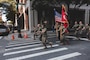 U.S. Marines and Sailors from Special Purpose Marine Air-Ground Task Force – New York run in formation to the 9/11 Memorial during Fleet Week New York (FWNY), May 25, 2023. FWNY 2023 provides an opportunity for the American public to meet Marines, Sailors, and Coast Guardsmen and see first-hand the latest capabilities of today’s maritime services. (U.S. Marine Corps photo by Cpl Meshaq Hylton)