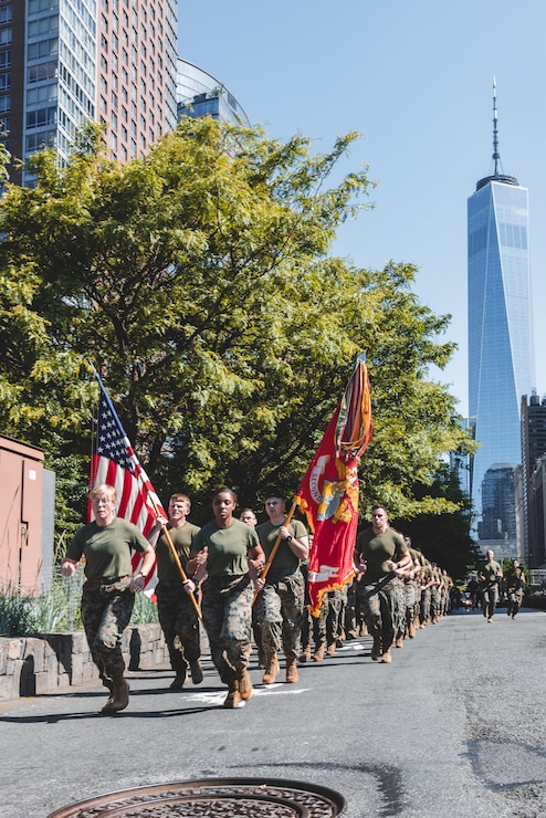U.S. Marines and Sailors from Special Purpose Marine Air-Ground Task Force – New York participate in a commemorative run to the 9/11 Memorial during Fleet Week New York (FWNY), May 25, 2023. FWNY 2023 provides an opportunity for the American public to meet Marines, Sailors, and Coast Guardsmen and see first-hand the latest capabilities of today’s maritime services. (U.S. Marine Corps photo by Cpl Meshaq Hylton)
