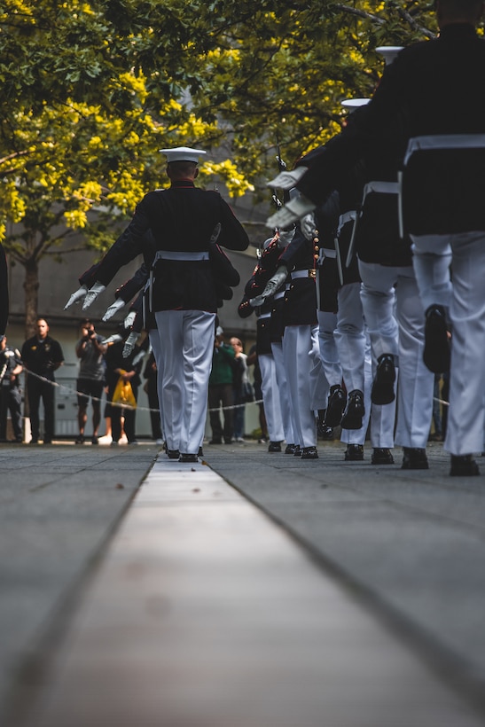 The Marine Corps Silent Drill Platoon performs at the 9/11 Memorial during Fleet Week New York (FWNY), May 25, 2023. FWNY 2023 provides an opportunity for the American public to meet Marines, Sailors, and Coast Guardsmen and see first-hand the latest capabilities of today’s maritime services. (U.S. Marine Corps photo by Cpl Meshaq Hylton)