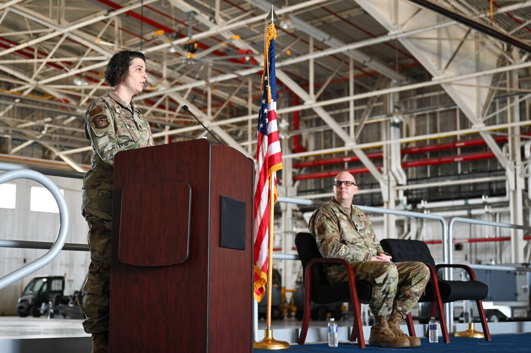 Maj. Jaime Smith, 914th Maintenance Squadron commander, speaks to the audience during the 914 MXS assumption of command ceremony.
