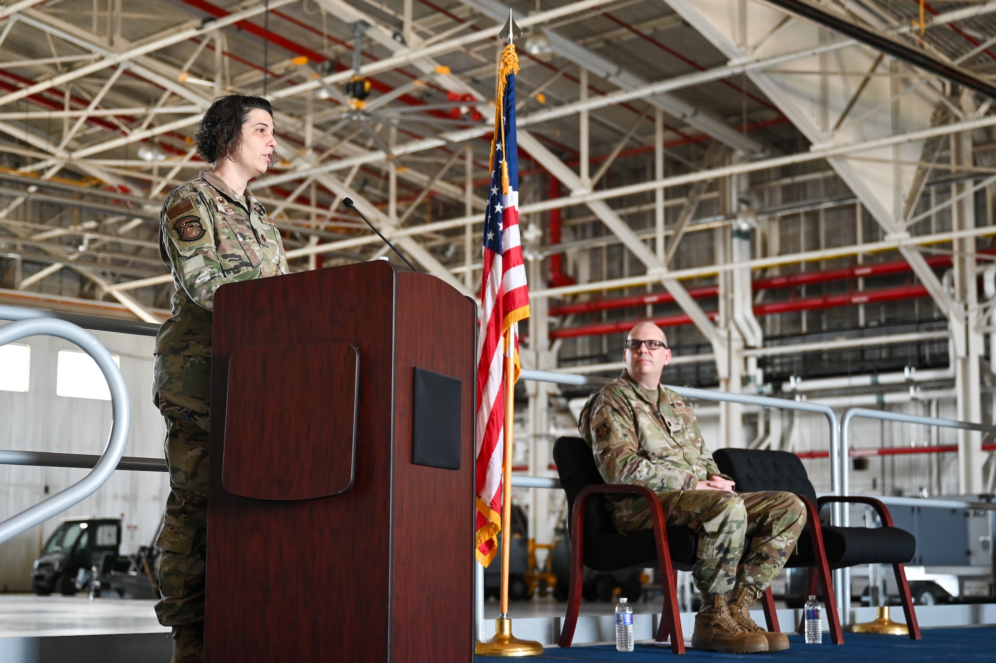 Maj. Jaime Smith, 914th Maintenance Squadron commander, speaks to the audience during the 914 MXS assumption of command ceremony.