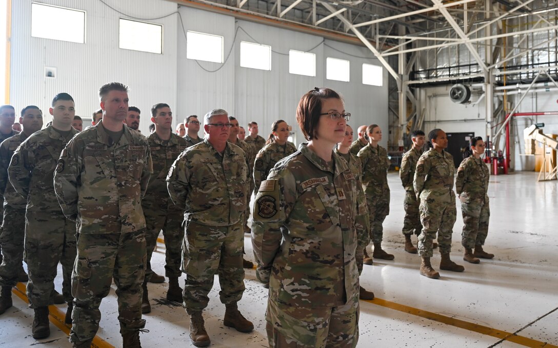 Members of the 914th Maintenance Squadron stand in formation during an Assumption of Command ceremony.