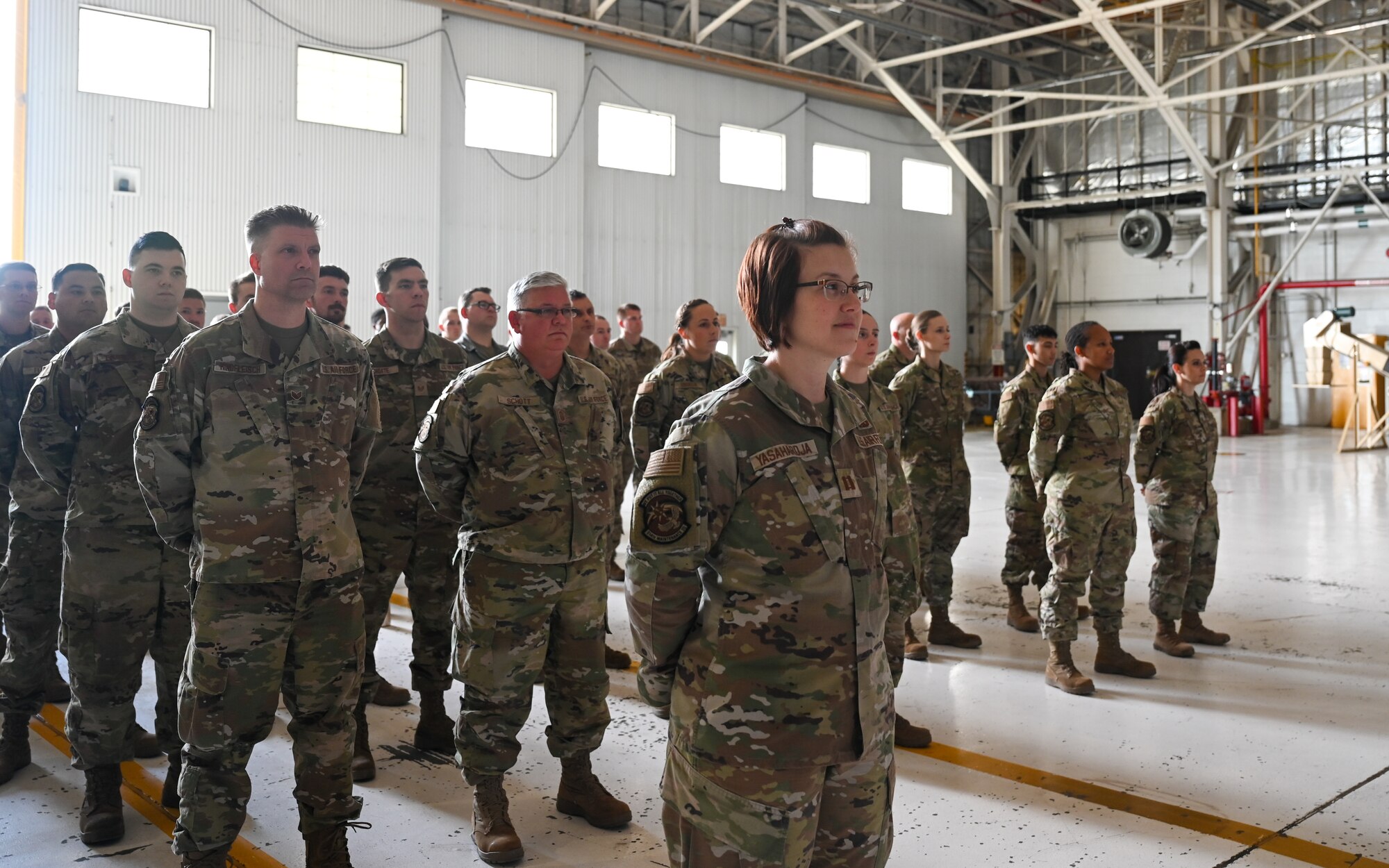 Members of the 914th Maintenance Squadron stand in formation during an Assumption of Command ceremony.