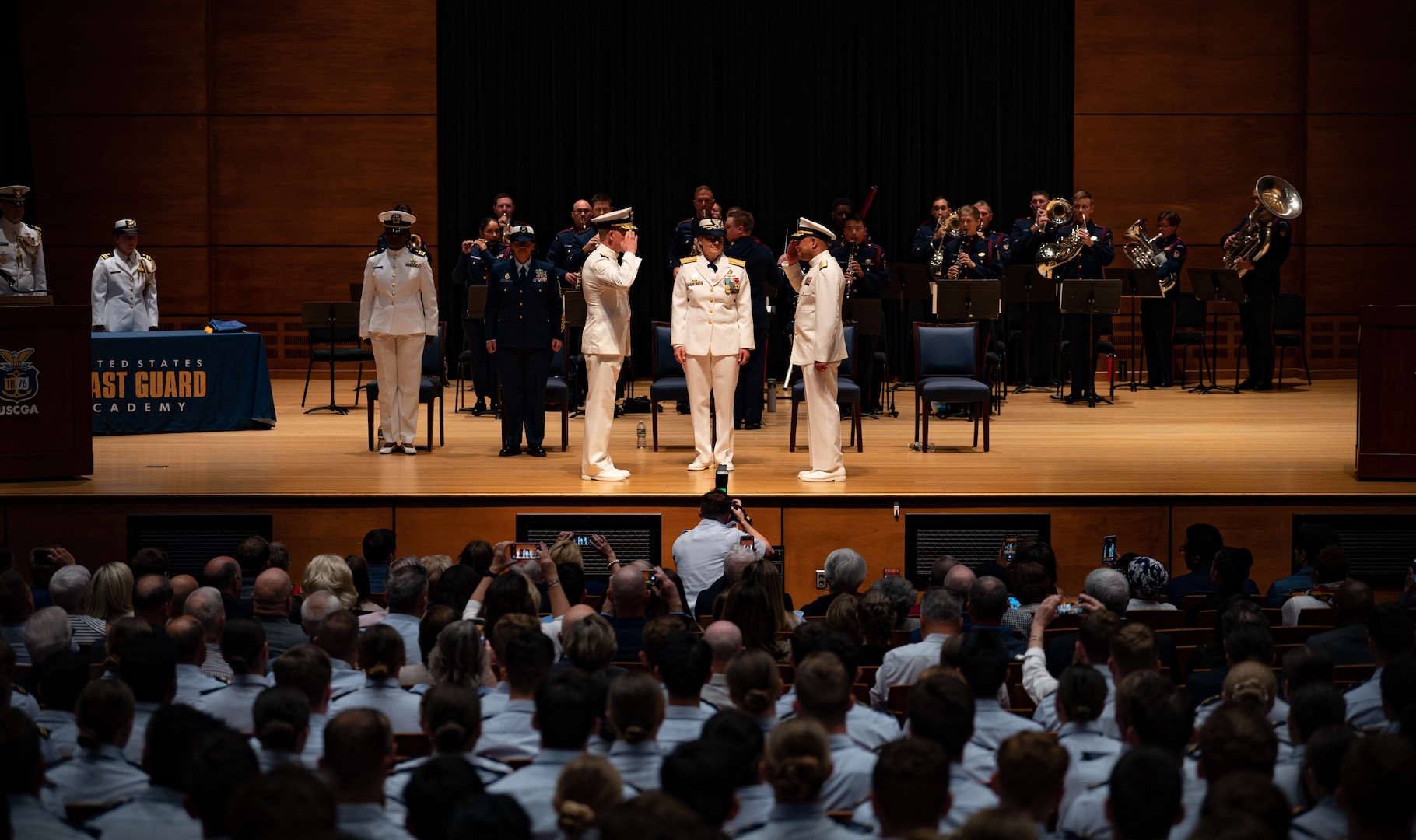 Coast Guard Commandant Adm. Linda Fagan takes part in a change of command ceremony at the United States Coast Guard Academy May 26, 2023. Rear Adm. Michael Johnston relieved Rear Adm. Bill Kelly as the superintendent. (U.S. Coast Guard photo by Petty Officer 3rd Class Matthew Thieme)