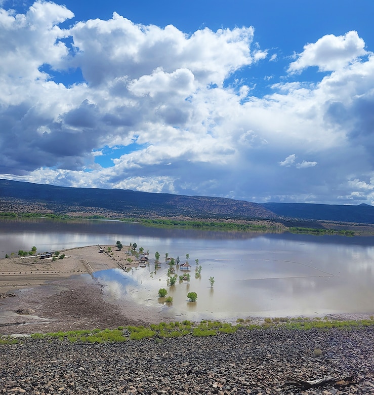 High water levels inundate the Cochiti Lake Swim Beach and surrounding areas, May 15, 2023.