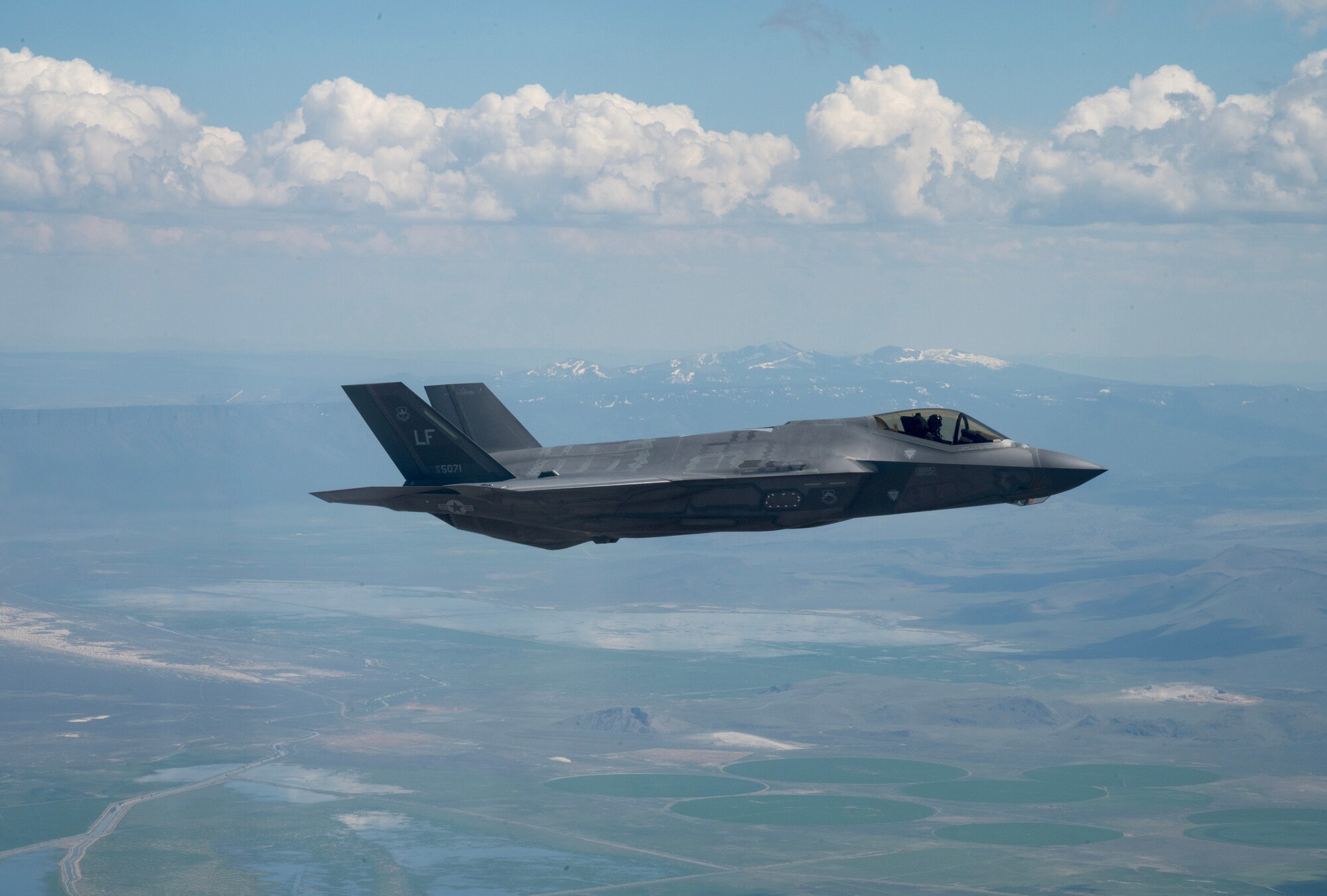 A U.S. Air Force F-35A Lightning II assigned to Luke Air Force Base flies over Southern Oregon May 17, 2023, on a mission with the 173rd Fighter Wing assigned to Kingsley Field in Klamath Falls, Oregon. The 173rd Fighter Wing was selected as the Air Force's preferred location to host a F-35A Lightning II formal training unit.